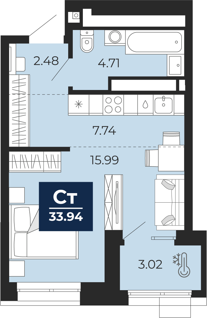 Планировка: Студия 33.9 м² в ЖК Мириады, Мыс