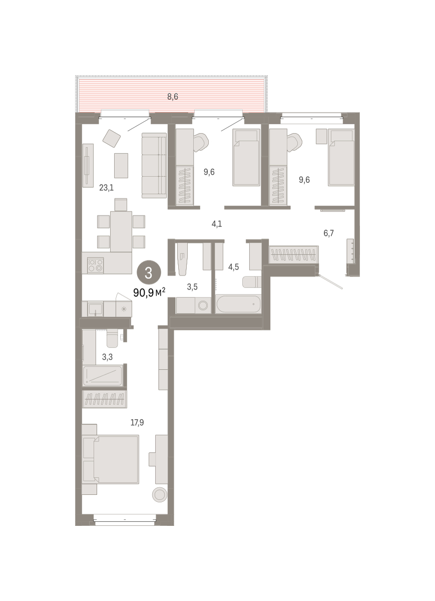Планировка: 4-комнатная евро 90.9 м² в ЖК На Минской, Центр: Драмтеатр
