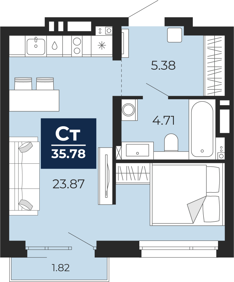 Планировка: Студия 35.8 м² в ЖК Прео, Тюменская слобода