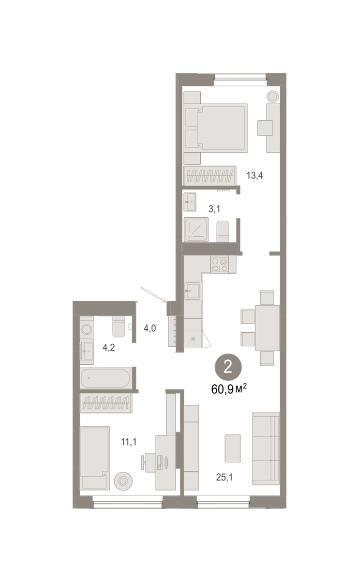 Планировка: Евротрешка 60.9 м² в ЖК Октябрьский на Туре, ДОК