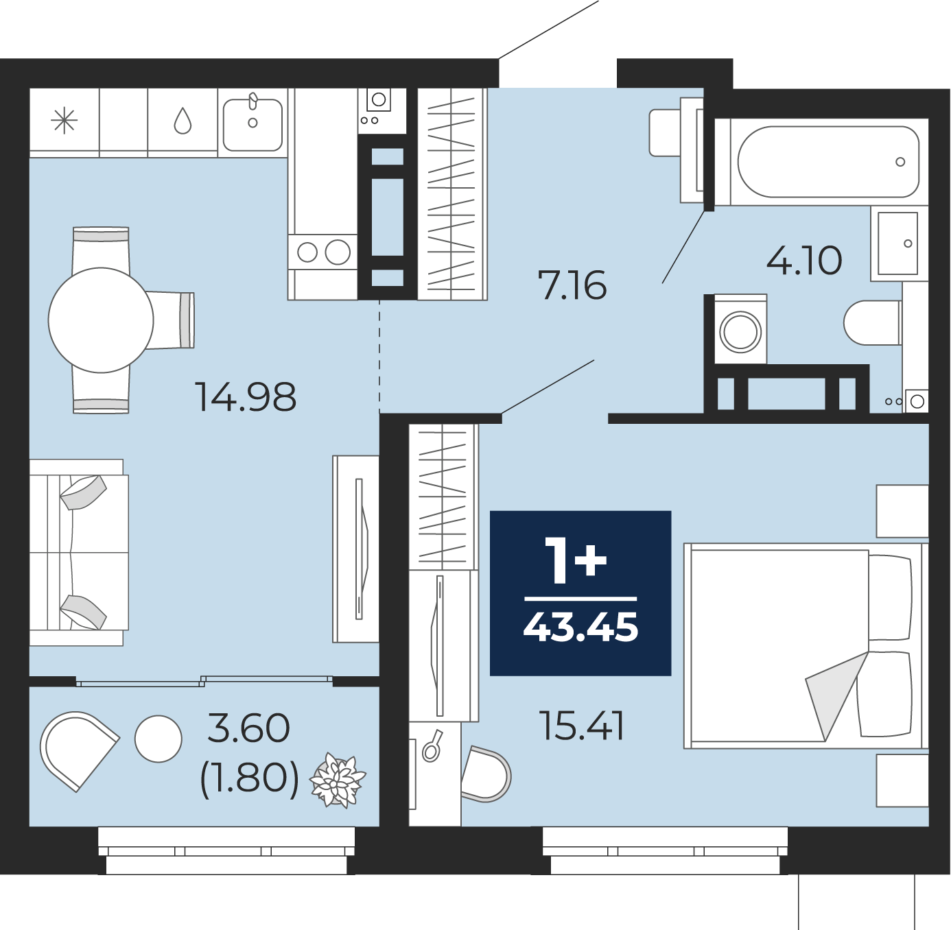 Планировка: Евродвушка 45.2 м² в ЖК Прео, Тюменская слобода