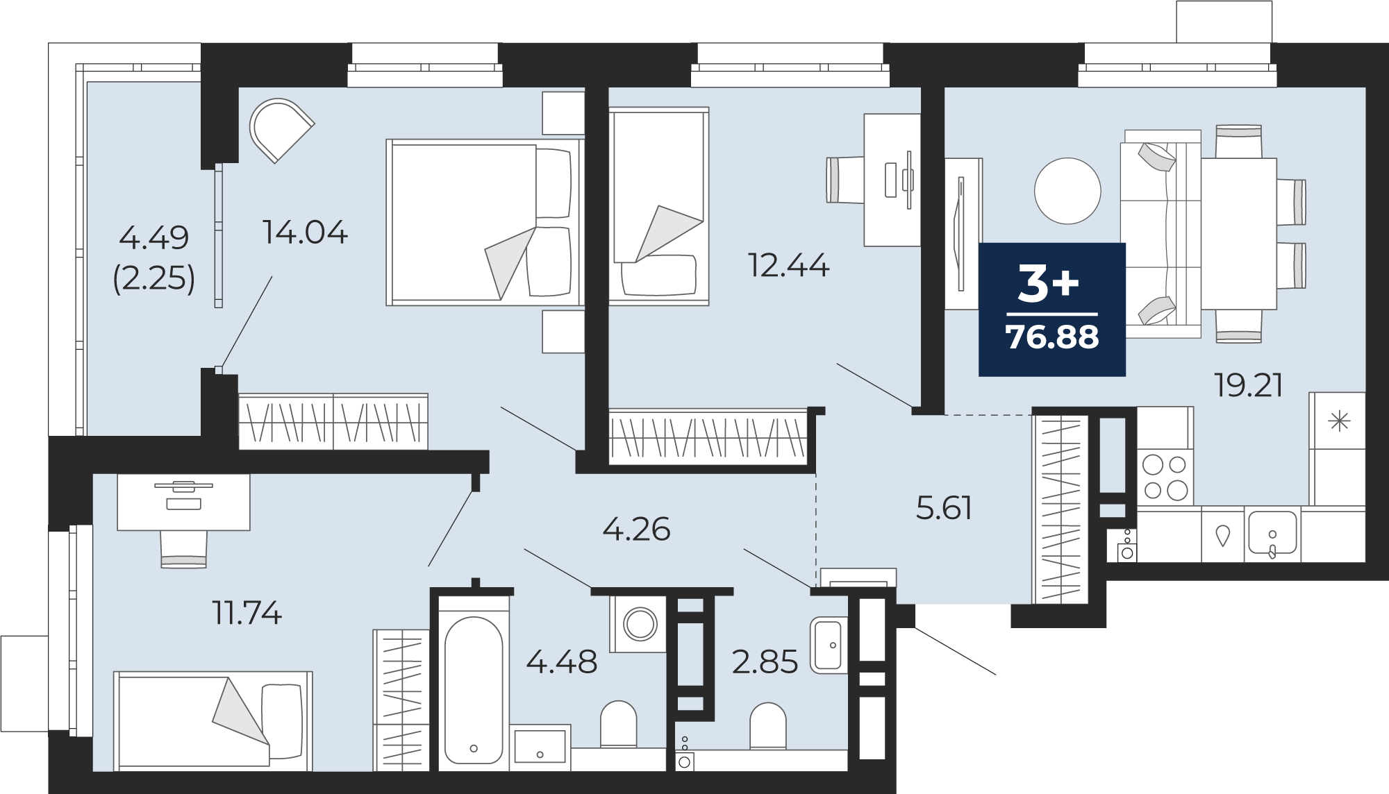 Планировка: 4-комнатная евро 79.1 м² в ЖК Прео, Тюменская слобода