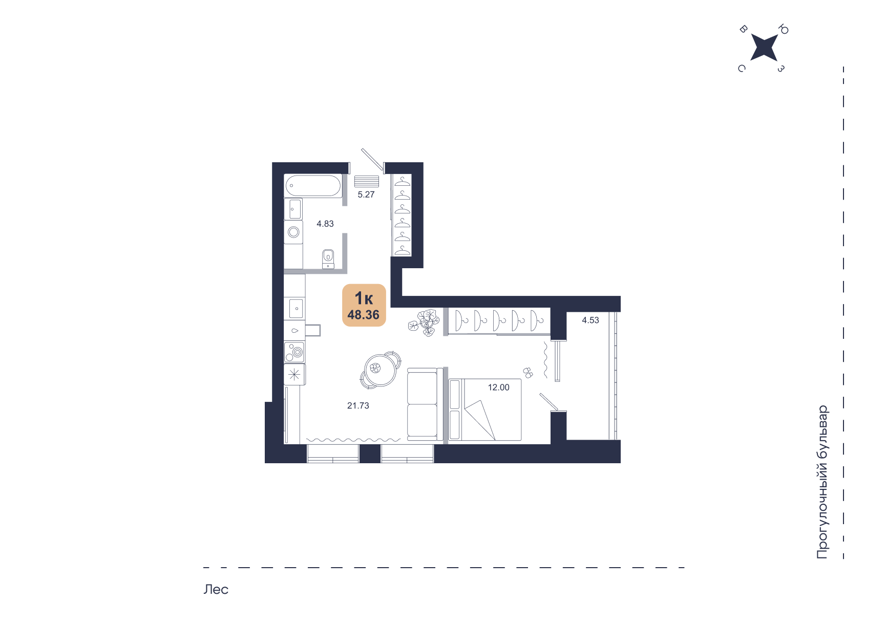 Планировка: Евродвушка 48.4 м² в ЖК Хито, От Слободы до Комарово парк