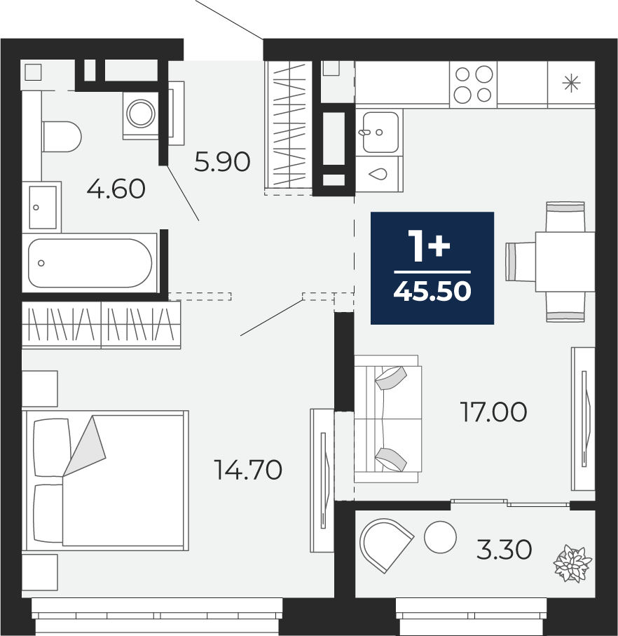 Планировка: Евродвушка 45.5 м² в ЖК Айвазовский, 5-й Заречный