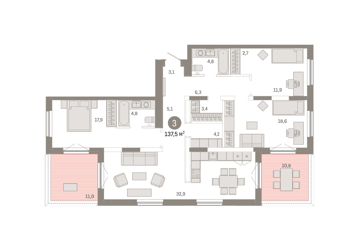 Планировка: 4-комнатная евро 137.5 м² в ЖК Октябрьский на Туре, ДОК