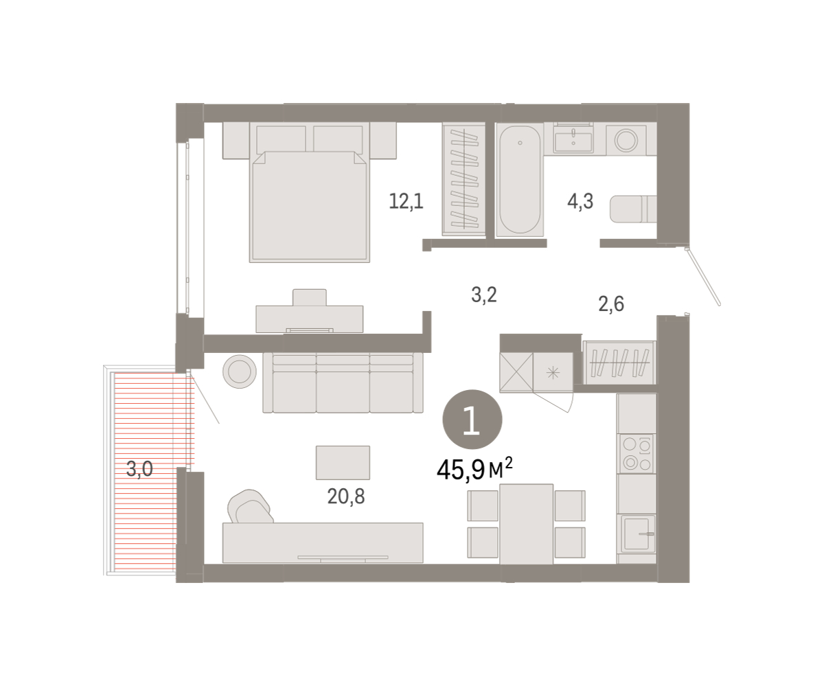 Планировка: 1-комнатная 45.9 м² в ЖК Республики 205, Центр: КПД