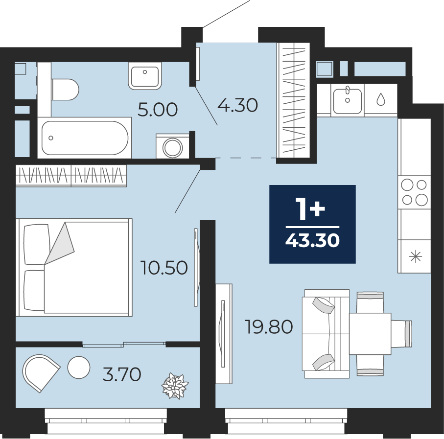 Планировка: Евродвушка 43.3 м² в ЖК Айвазовский, 5-й Заречный