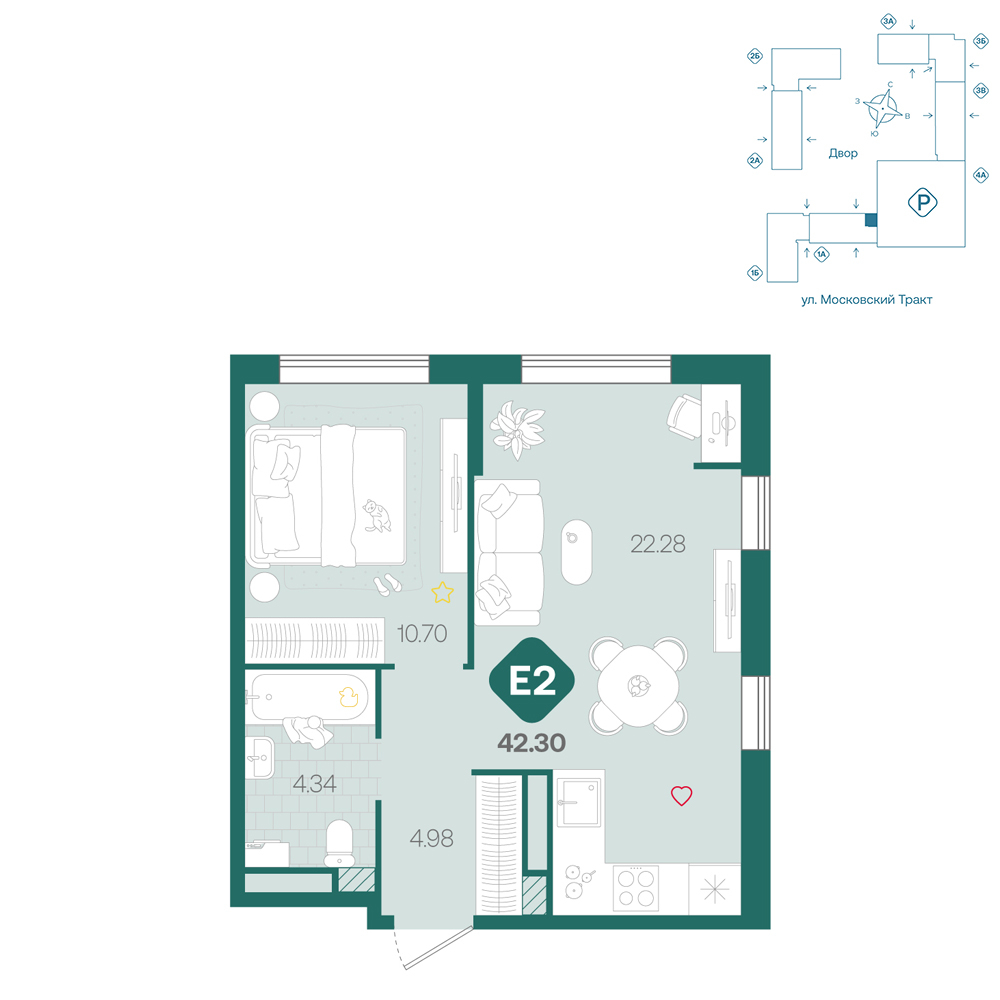 Планировка: Евродвушка 42.3 м² в ЖК Сибирский, Московский тракт