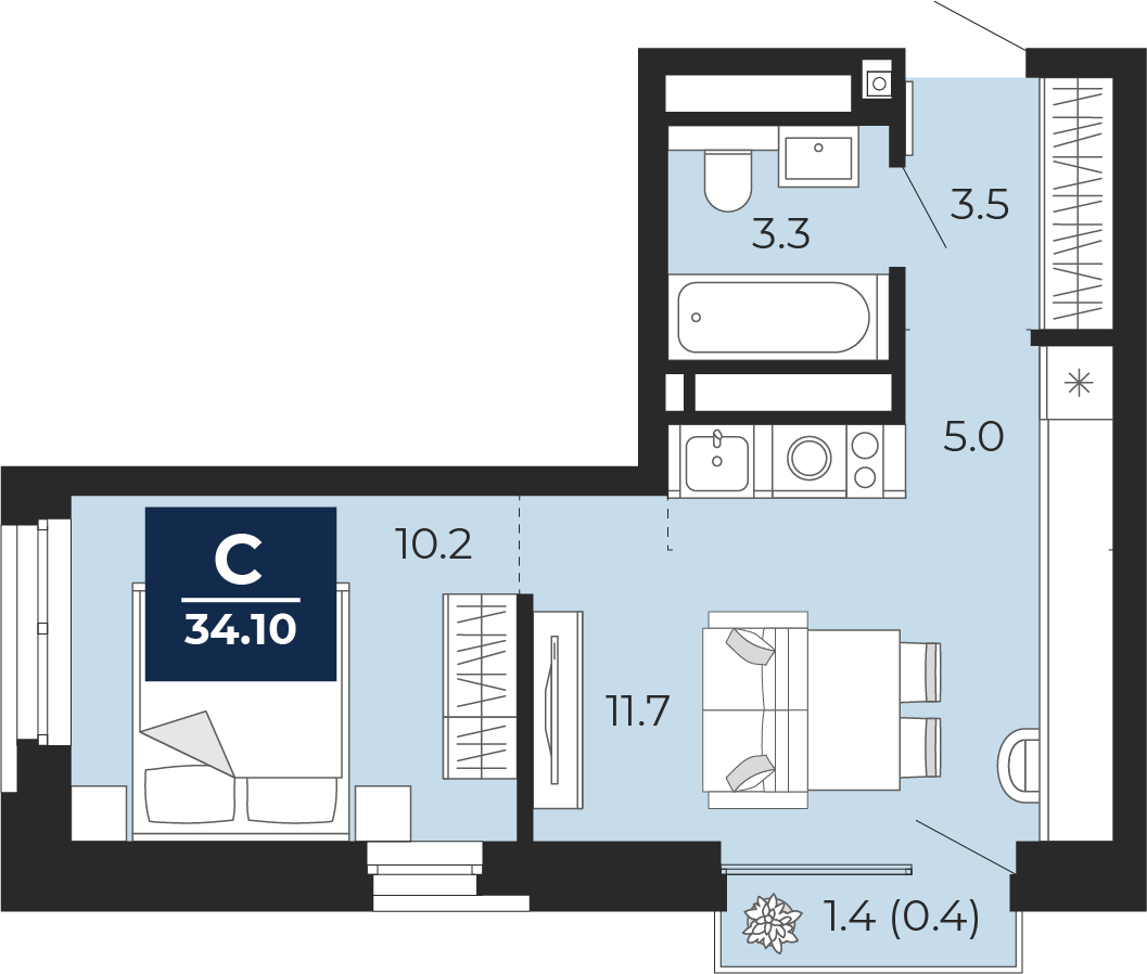 Планировка: Студия 35.1 м² в ЖК Мириады, Мыс