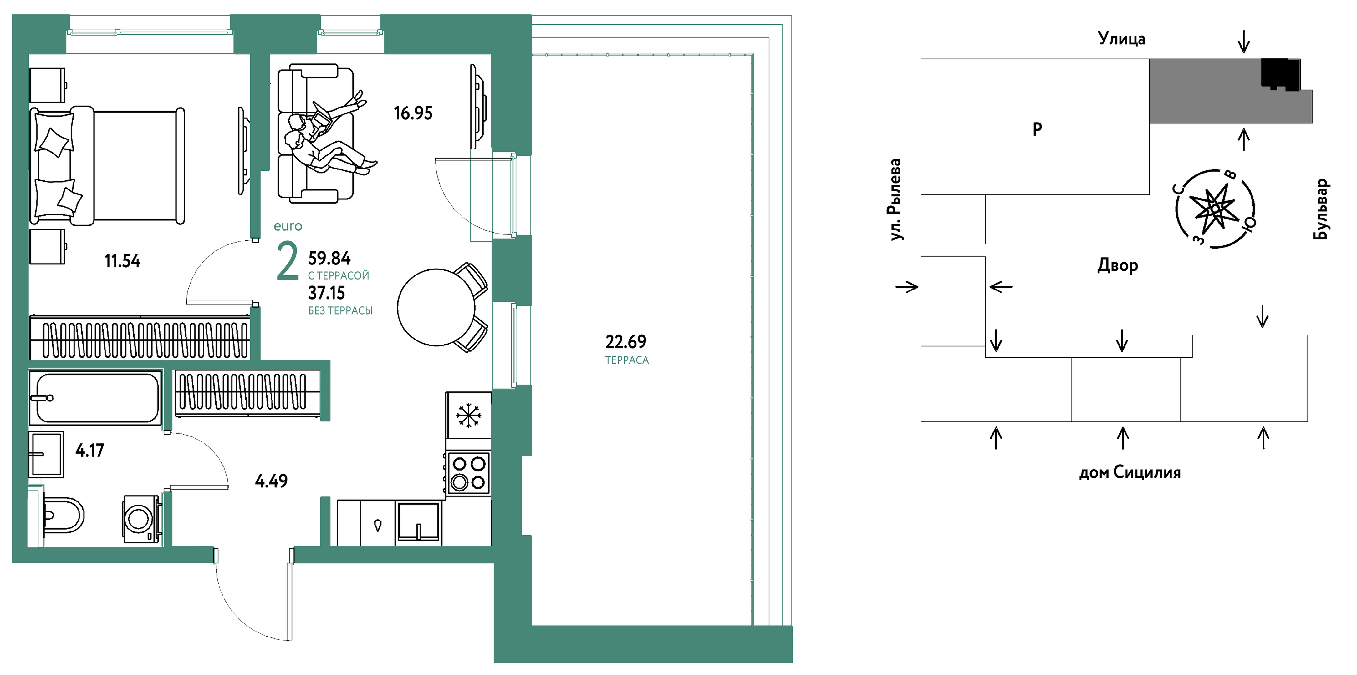 Планировка: 2-комнатная 59.8 м² в ЖК Остров-сад, ДОК