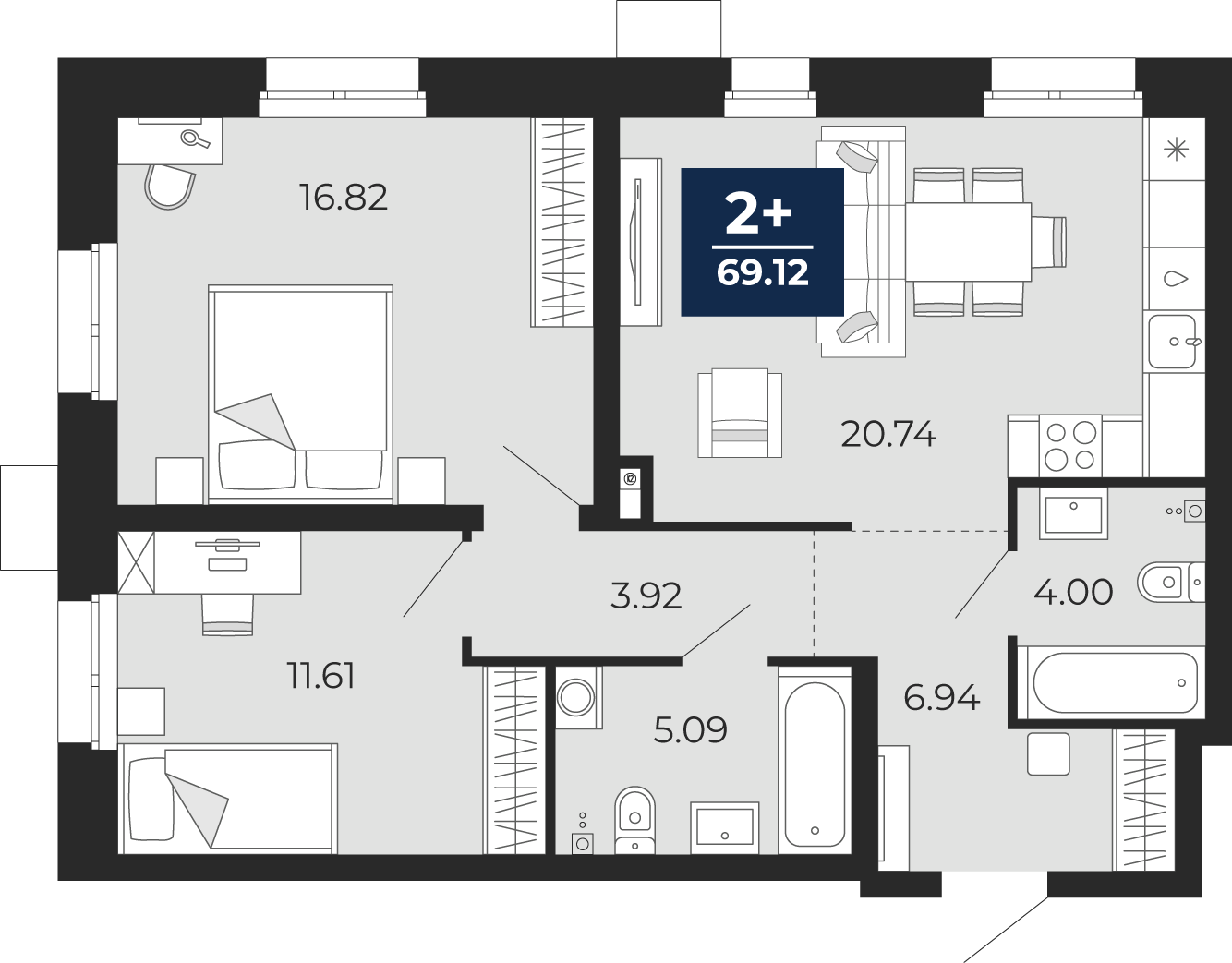 Планировка: Евротрешка 69.1 м² в ЖК Мириады, Мыс