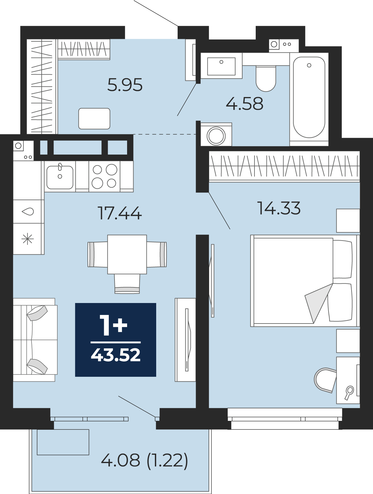 Планировка: Евродвушка 46.4 м² в ЖК Прео, Тюменская слобода