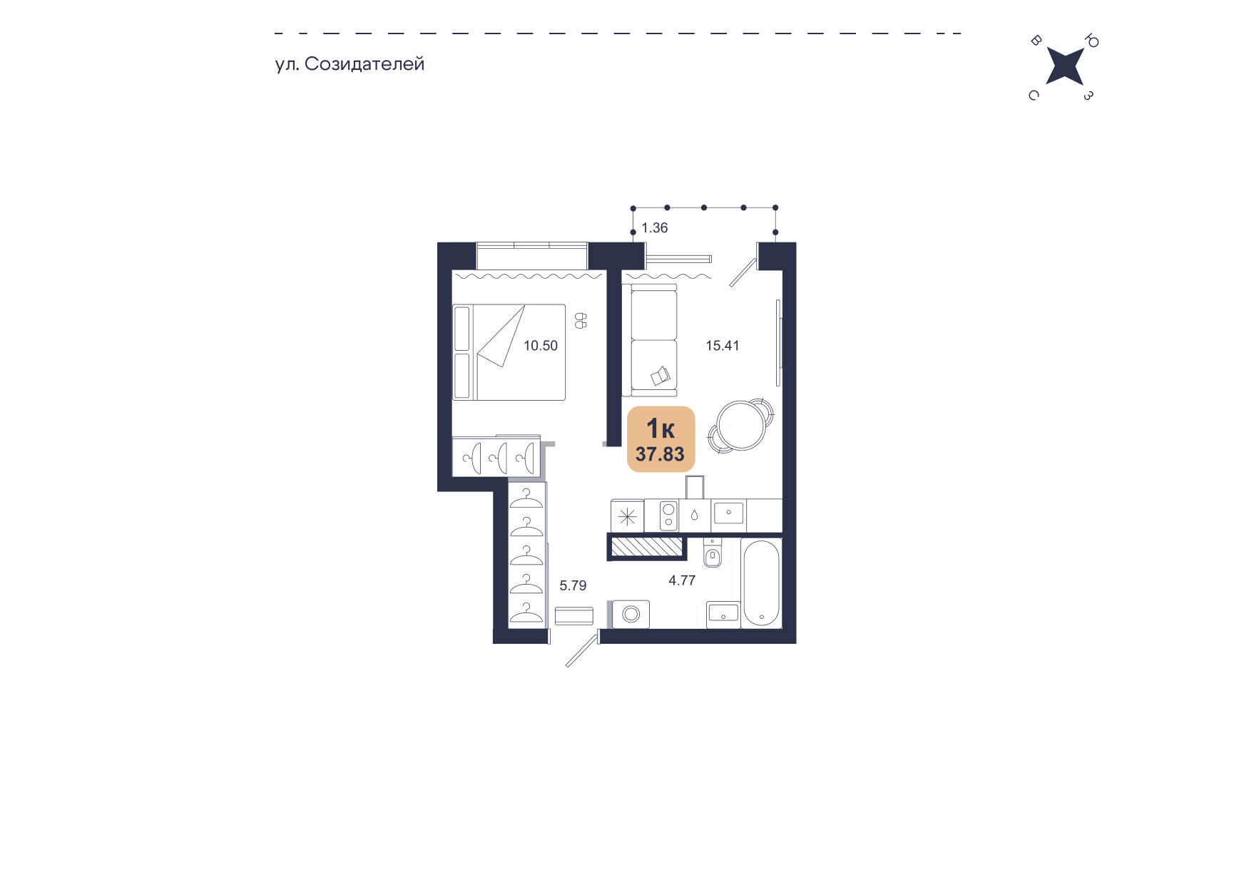 Планировка: Евродвушка 37.8 м² в ЖК Хито, От Слободы до Комарово парк