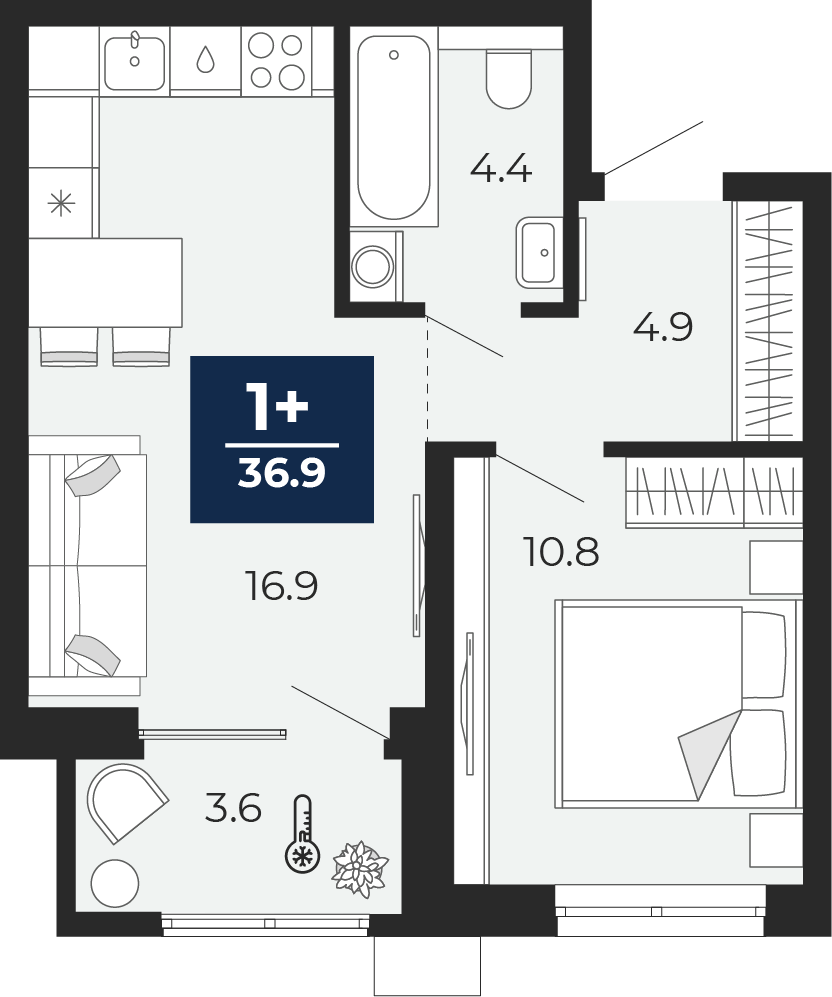 Планировка: Евродвушка 41.2 м² в ЖК Мириады, Мыс