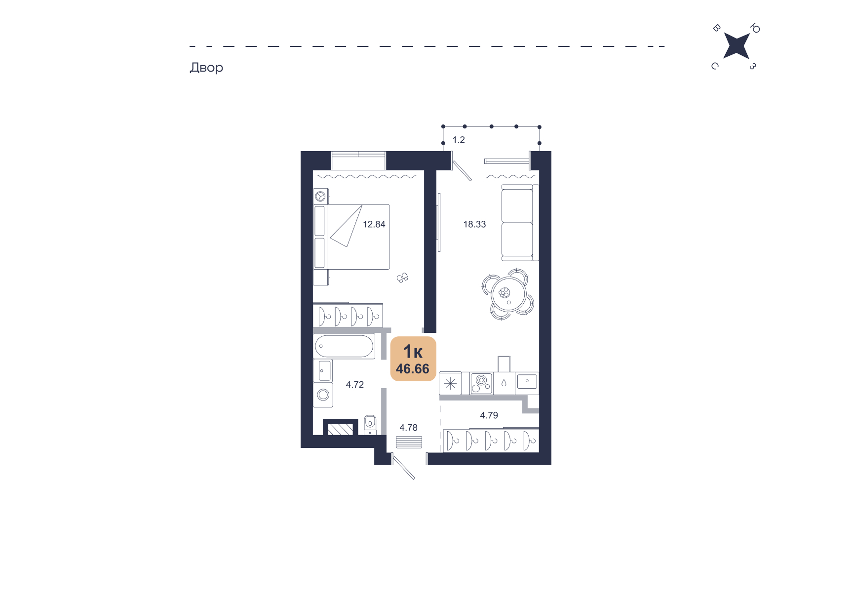 Планировка: Евродвушка 46.7 м² в ЖК Хито, От Слободы до Комарово парк