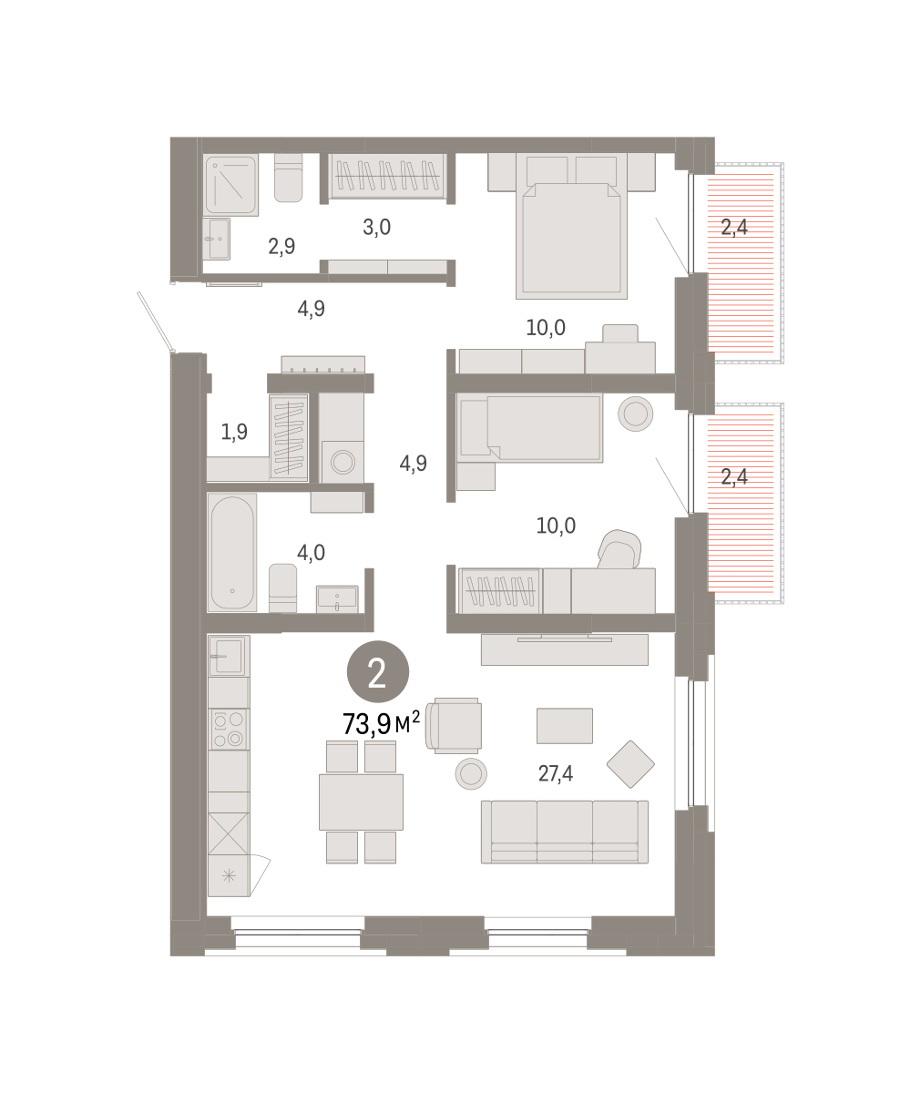 Планировка: 2-комнатная 73.9 м² в ЖК Зарека, Заречный