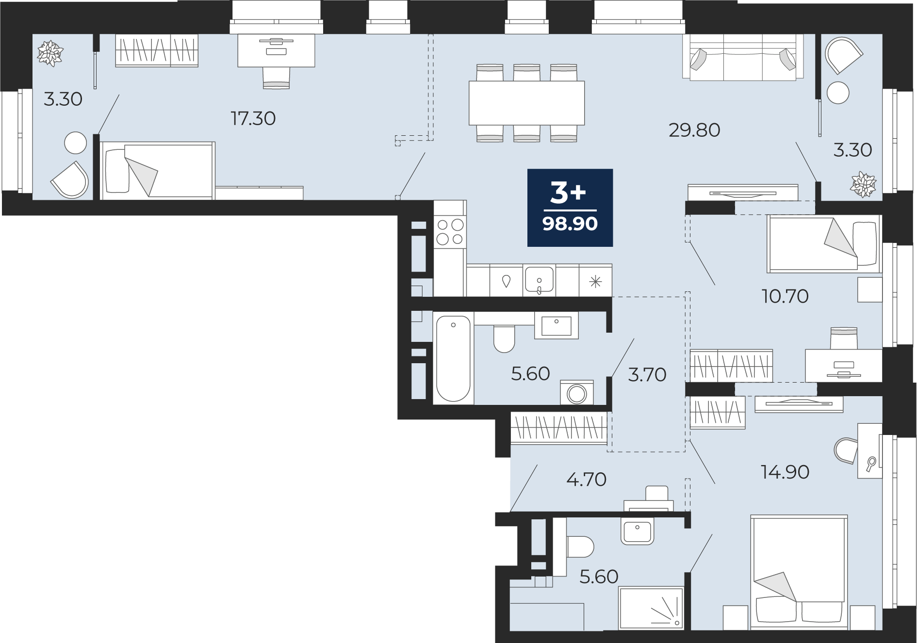 Планировка: 4-комнатная евро 98.9 м² в ЖК Айвазовский, 5-й Заречный