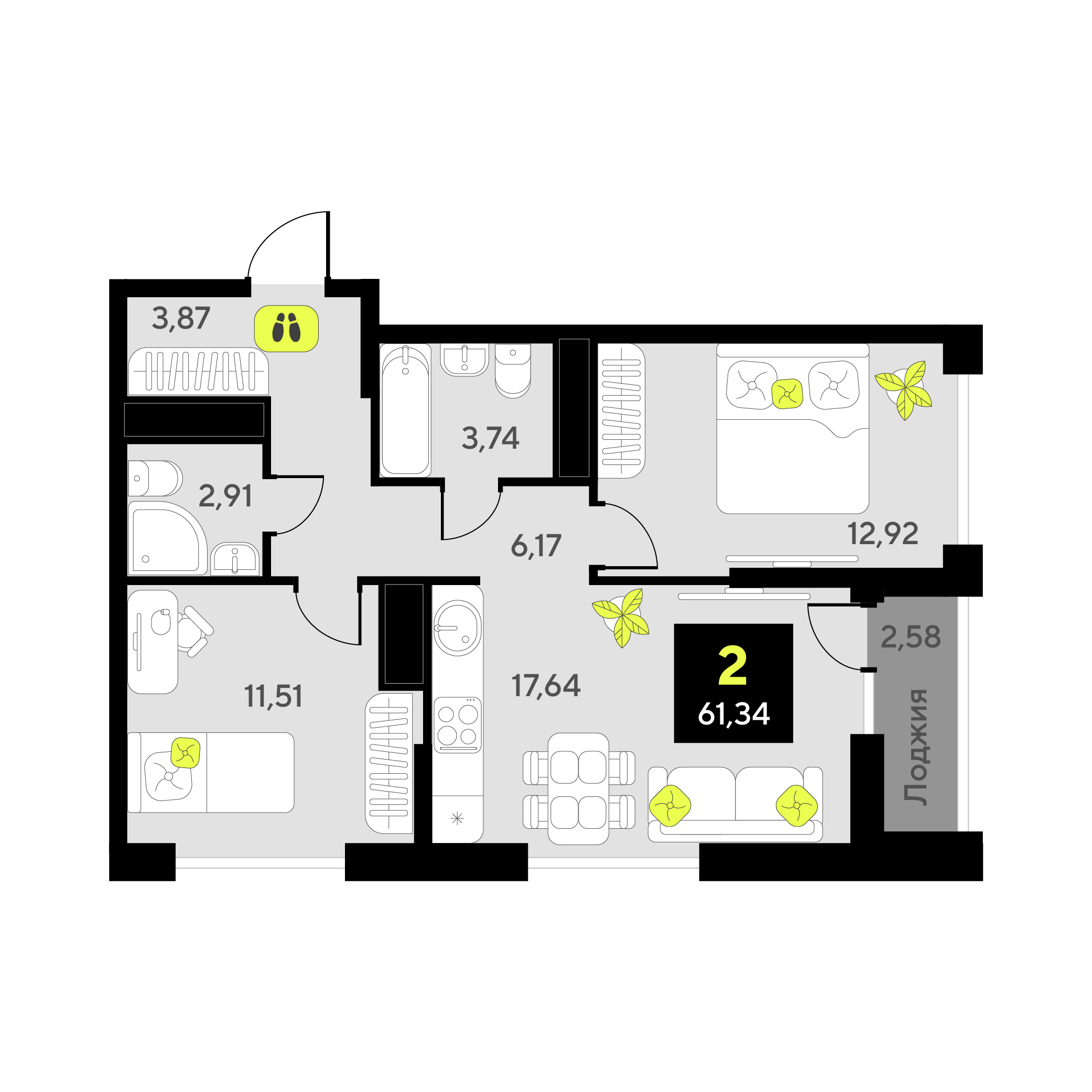 Планировка: Евротрешка 61.3 м² в ЖК Окинава, 5-й Заречный