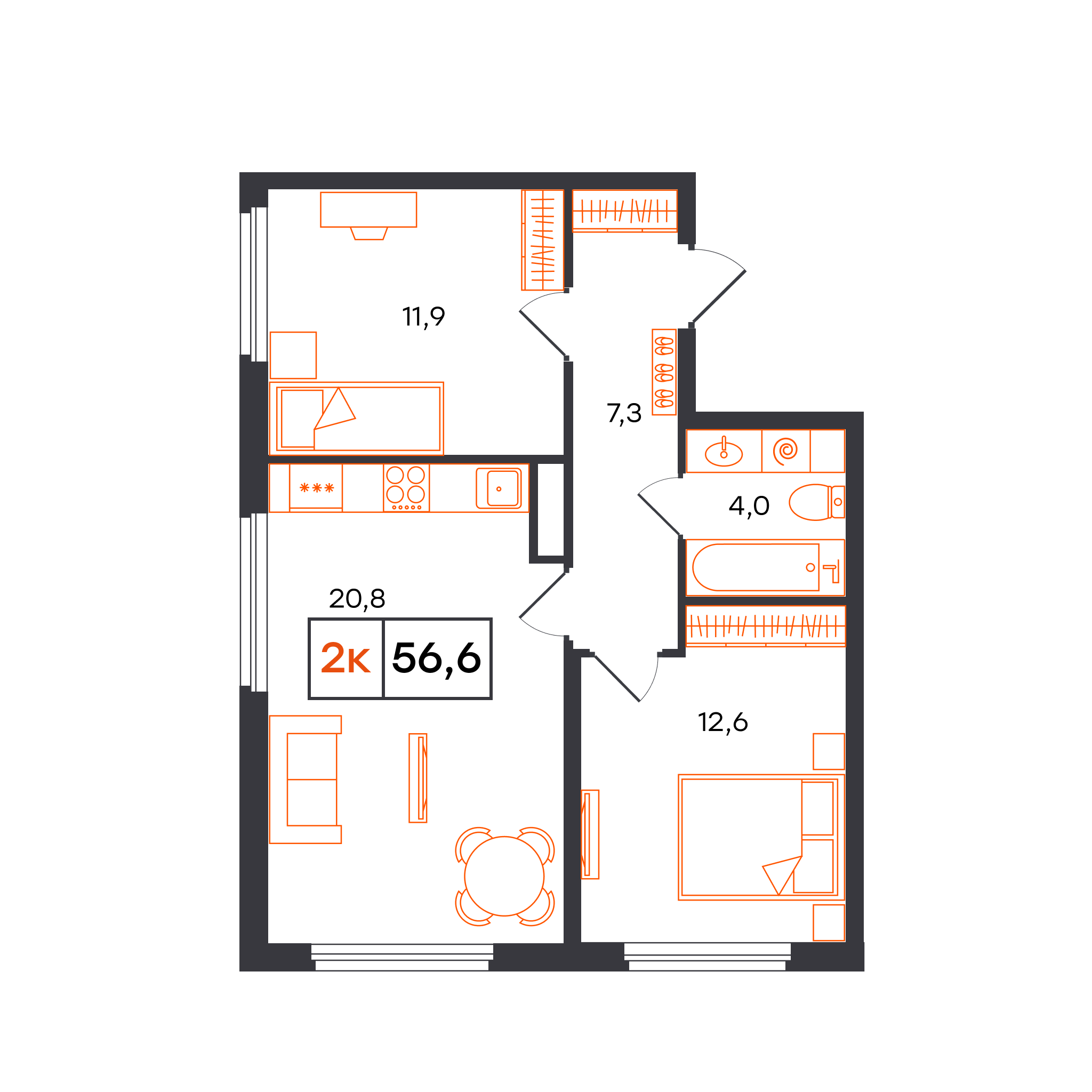 Планировка: Евротрешка 56.6 м² в ЖК Отличие, Комарово Парк
