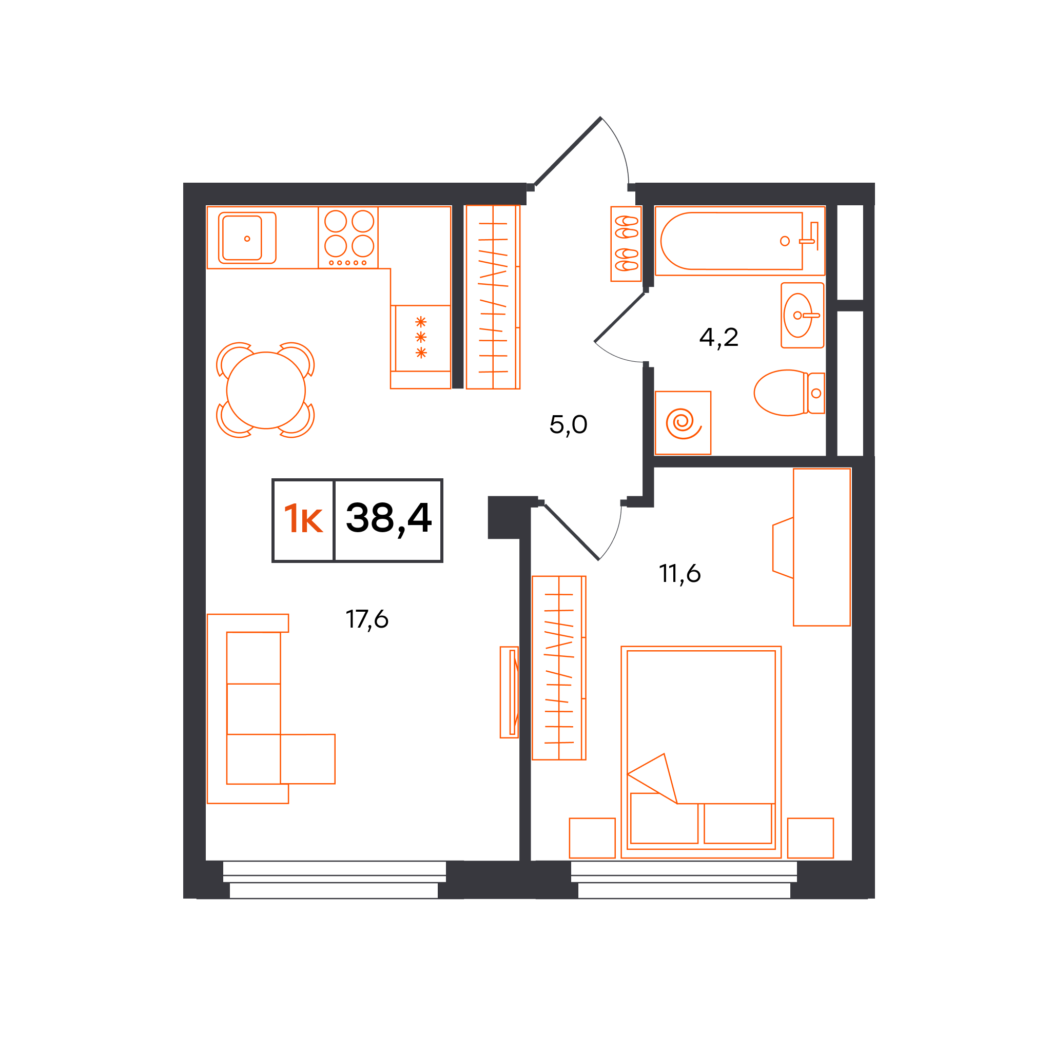 Планировка: Евродвушка 38.4 м² в ЖК Отличие, Комарово Парк