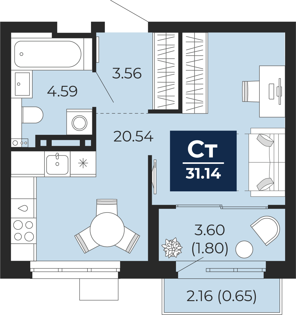 Планировка: Студия 34.5 м² в ЖК Беринг, Лесобаза