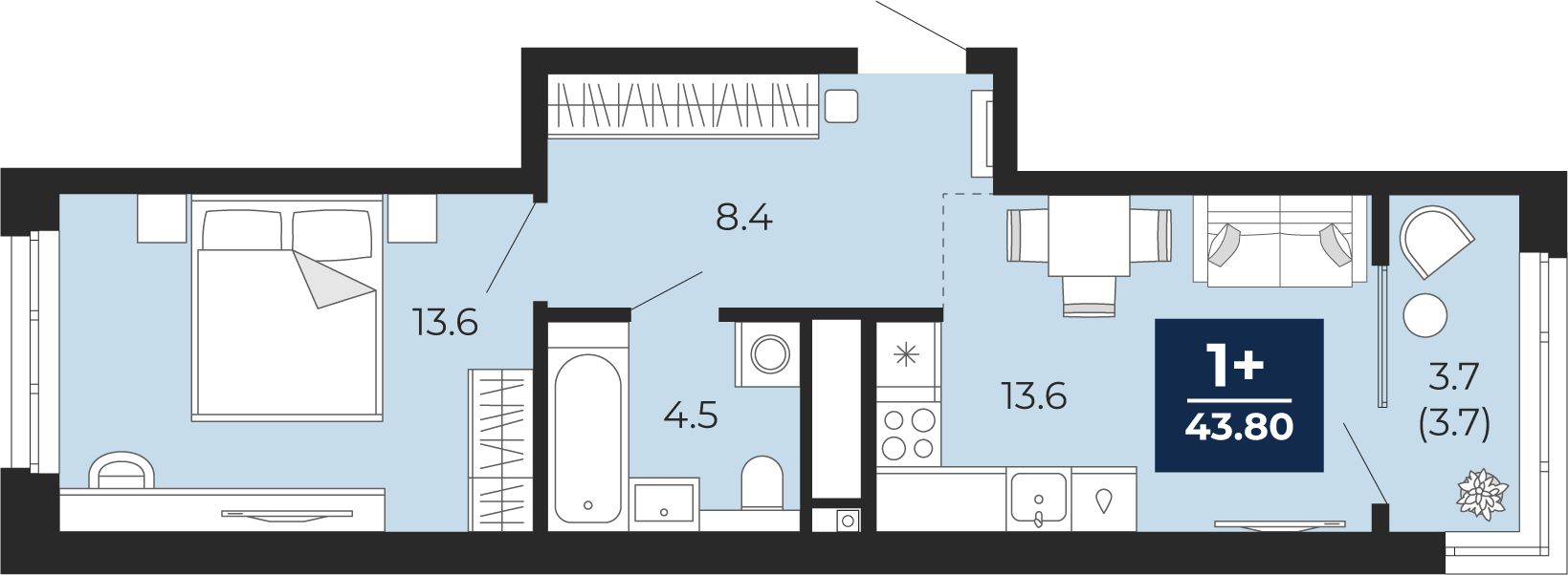 Планировка: Евродвушка 43.8 м² в ЖК Мириады, Мыс