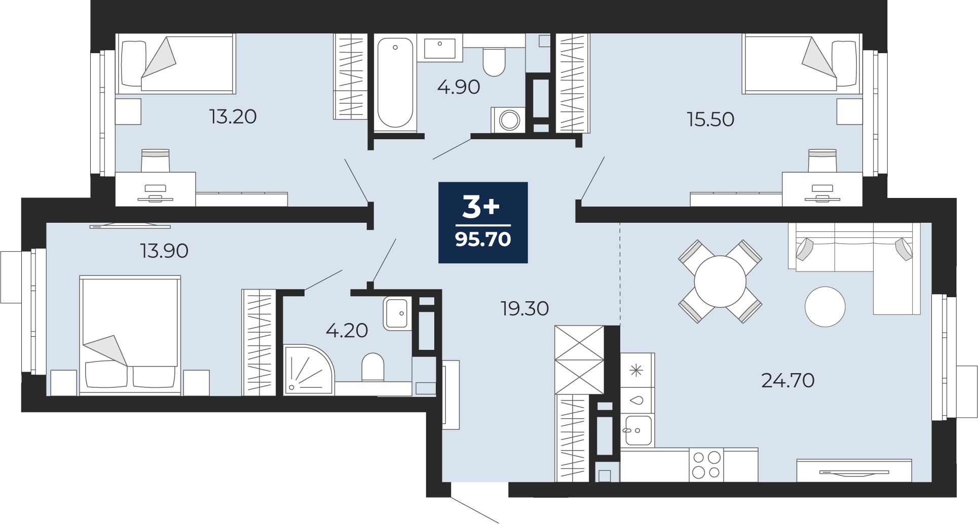 Планировка: 4-комнатная евро 95.7 м² в ЖК Айвазовский, 5-й Заречный