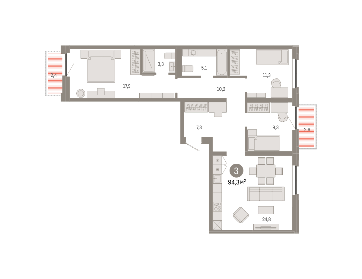 Планировка: 3-комнатная 94.2 м² в ЖК Зарека, Заречный