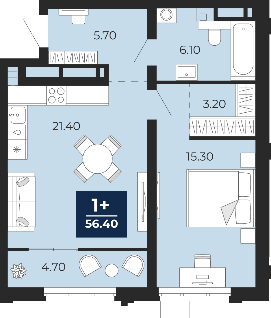 Планировка: Евродвушка 56.4 м² в ЖК Айвазовский, 5-й Заречный
