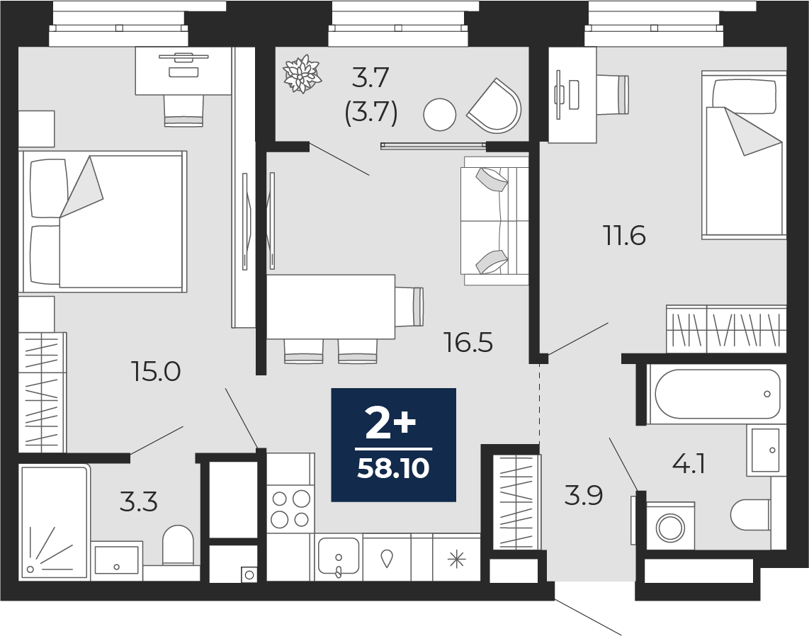 Планировка: Евротрешка 58.1 м² в ЖК Мириады, Мыс