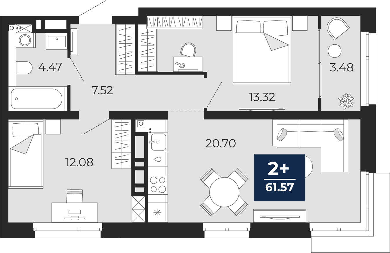 Планировка: Евротрешка 61.6 м² в ЖК Прео, Тюменская слобода