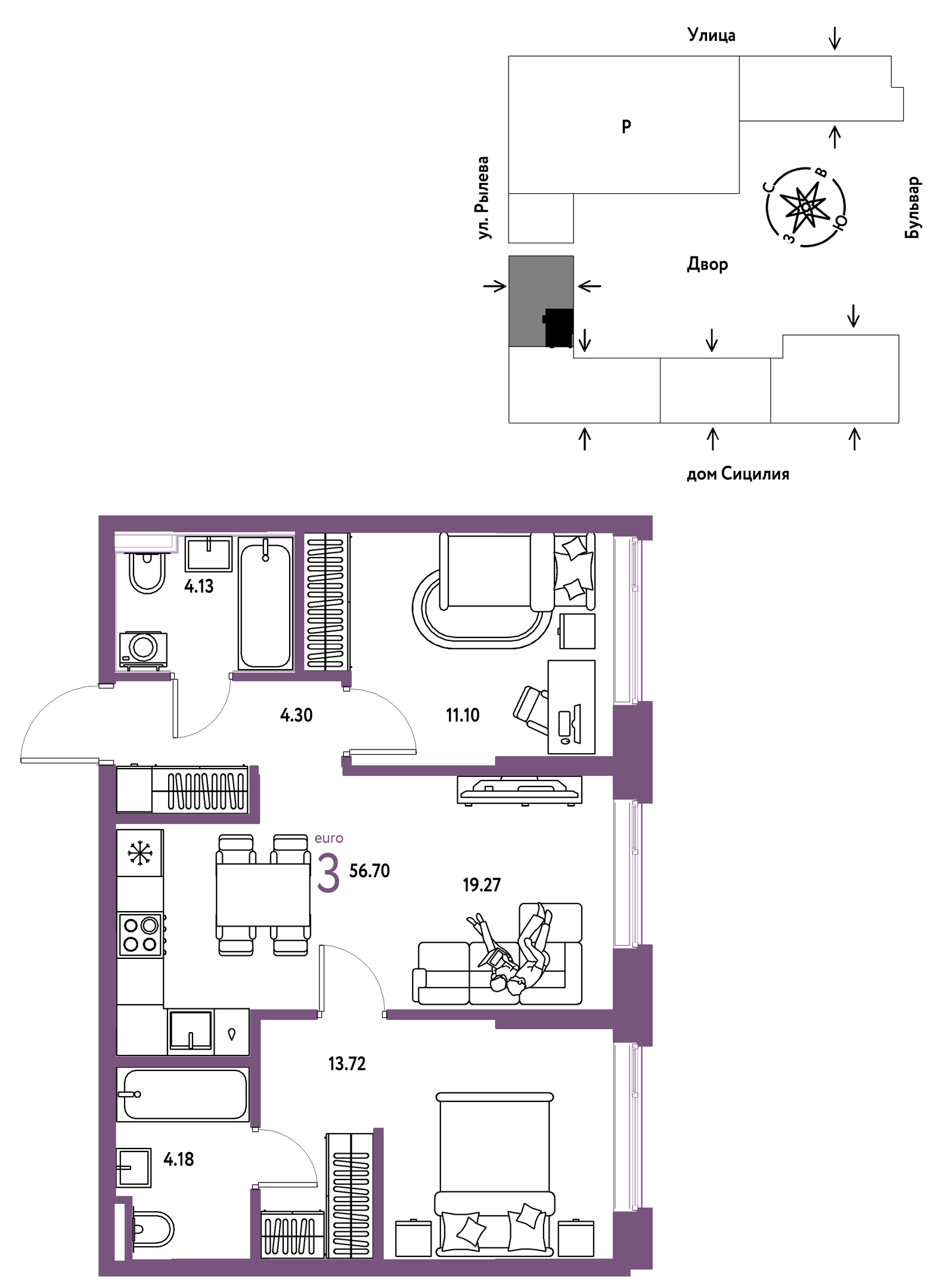 Планировка: 3-комнатная 56.7 м² в ЖК Остров-сад, ДОК