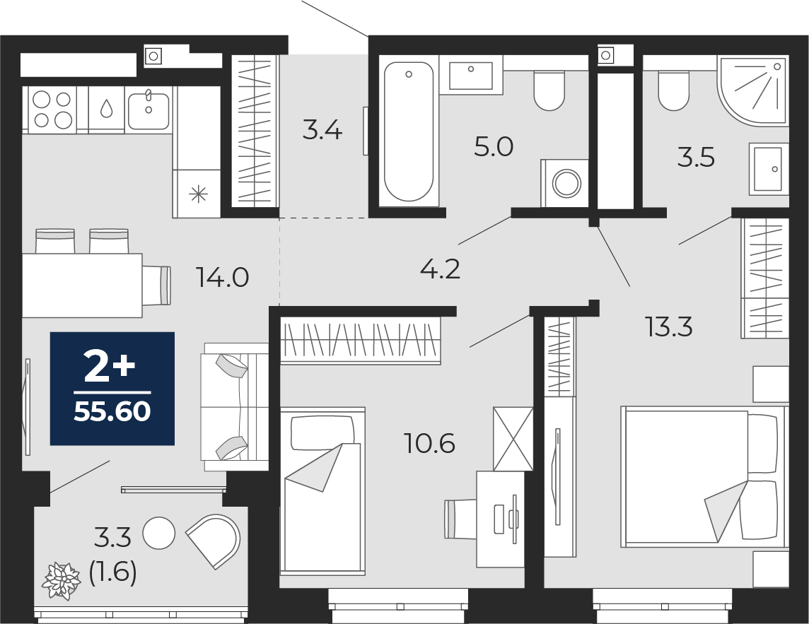 Планировка: Евротрешка 57.3 м² в ЖК Мириады, Мыс