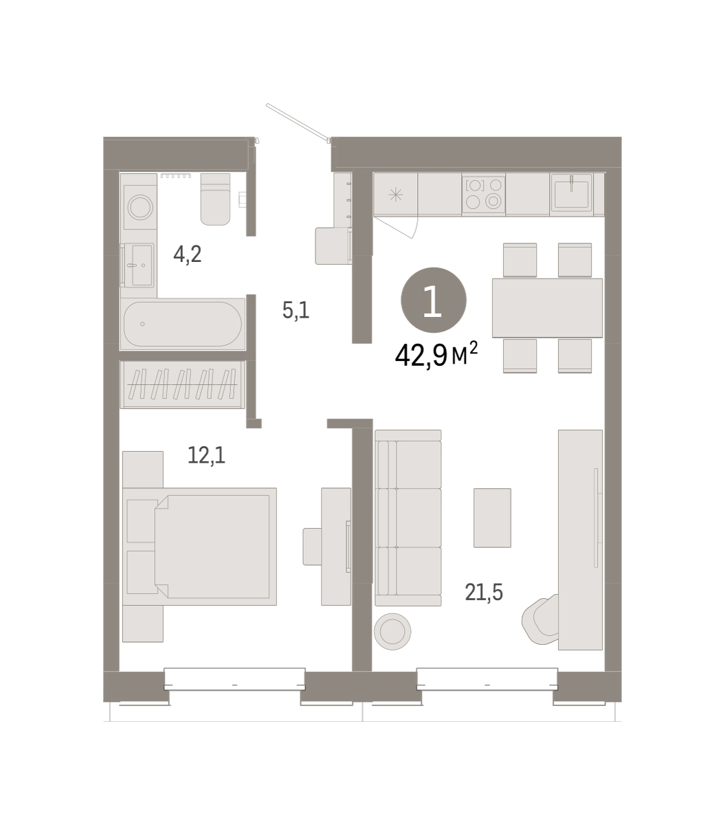 Планировка: 1-комнатная 42.9 м² в ЖК На Минской, Центр: Драмтеатр