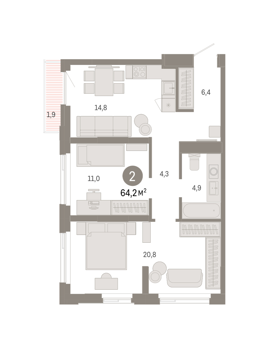 Планировка: 2-комнатная 64.2 м² в ЖК Зарека, Заречный