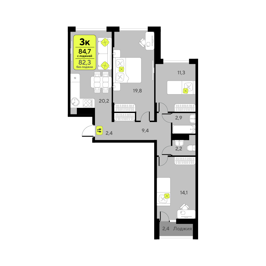 Планировка: 4-комнатная евро 82.3 м² в ЖК Дивный квартал у озера, 5-й Заречный