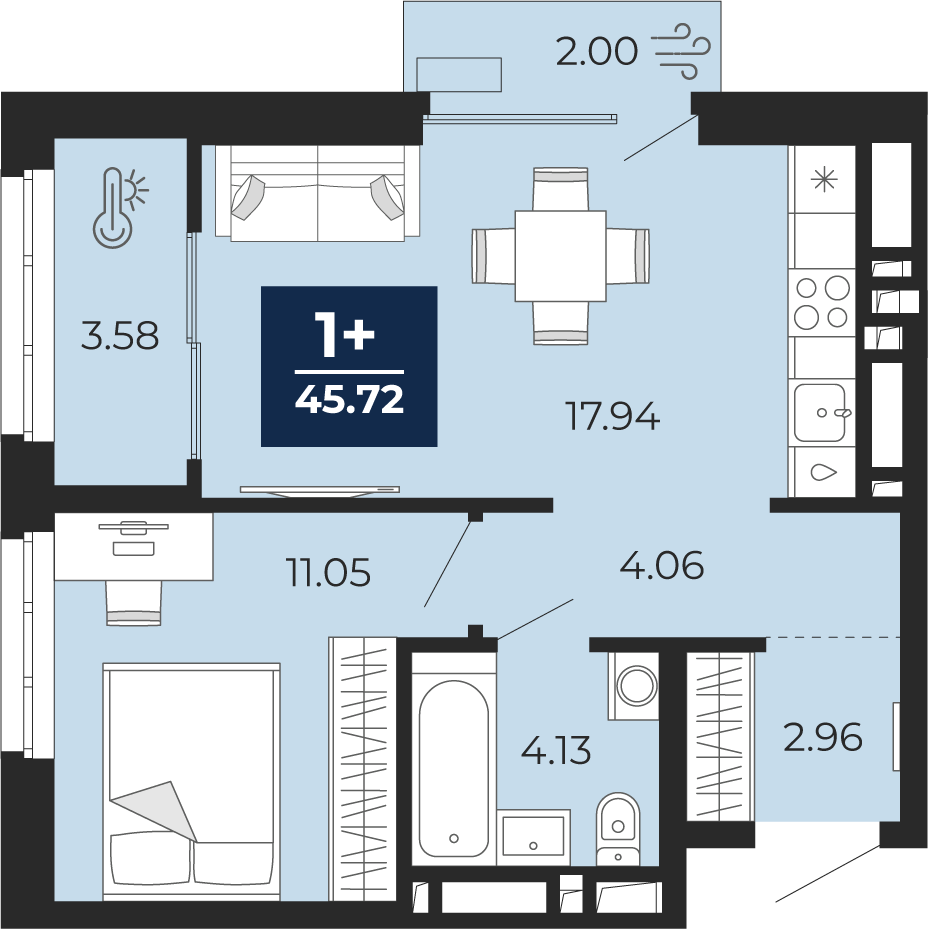 Планировка: Евродвушка 45.7 м² в ЖК Беринг, Лесобаза