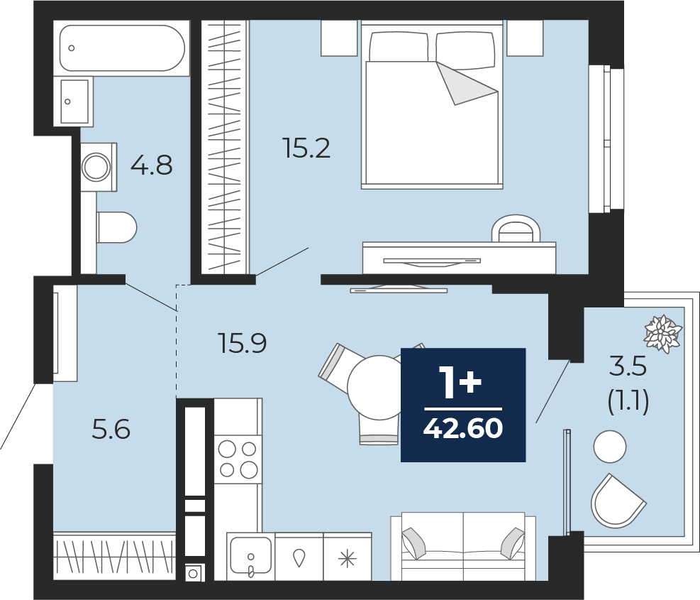Планировка: Евродвушка 45 м² в ЖК Мириады, Мыс