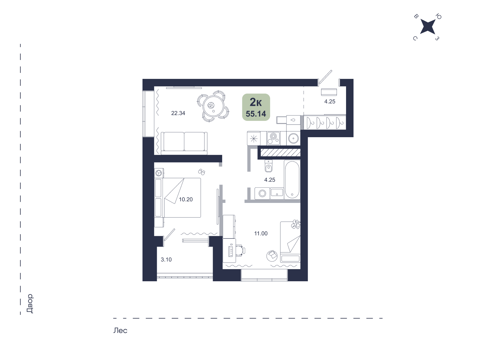 Планировка: Евротрешка 55.1 м² в ЖК Хито, От Слободы до Комарово парк