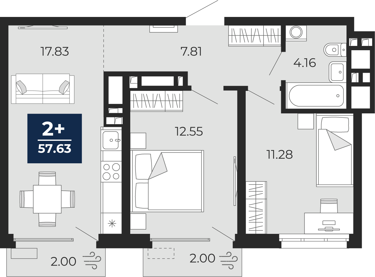 Планировка: Евротрешка 57.6 м² в ЖК Беринг, Лесобаза