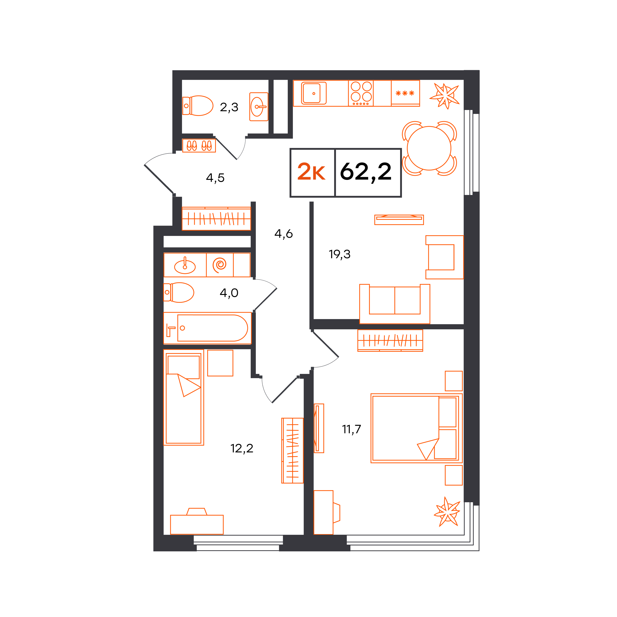 Планировка: Евротрешка 62.2 м² в ЖК Отличие, Комарово Парк