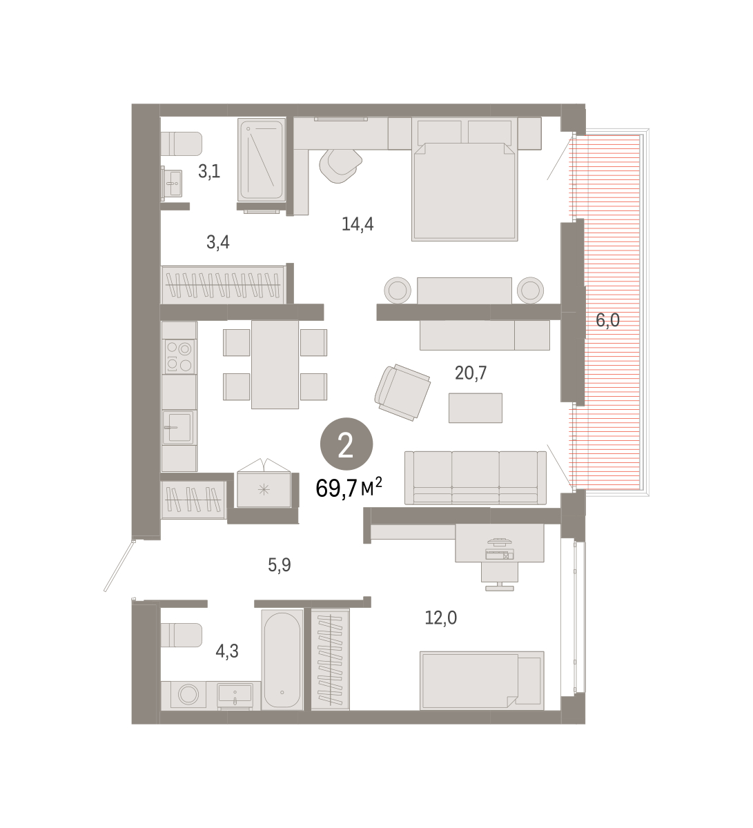 Планировка: 2-комнатная 69.7 м² в ЖК Республики 205, Центр: КПД