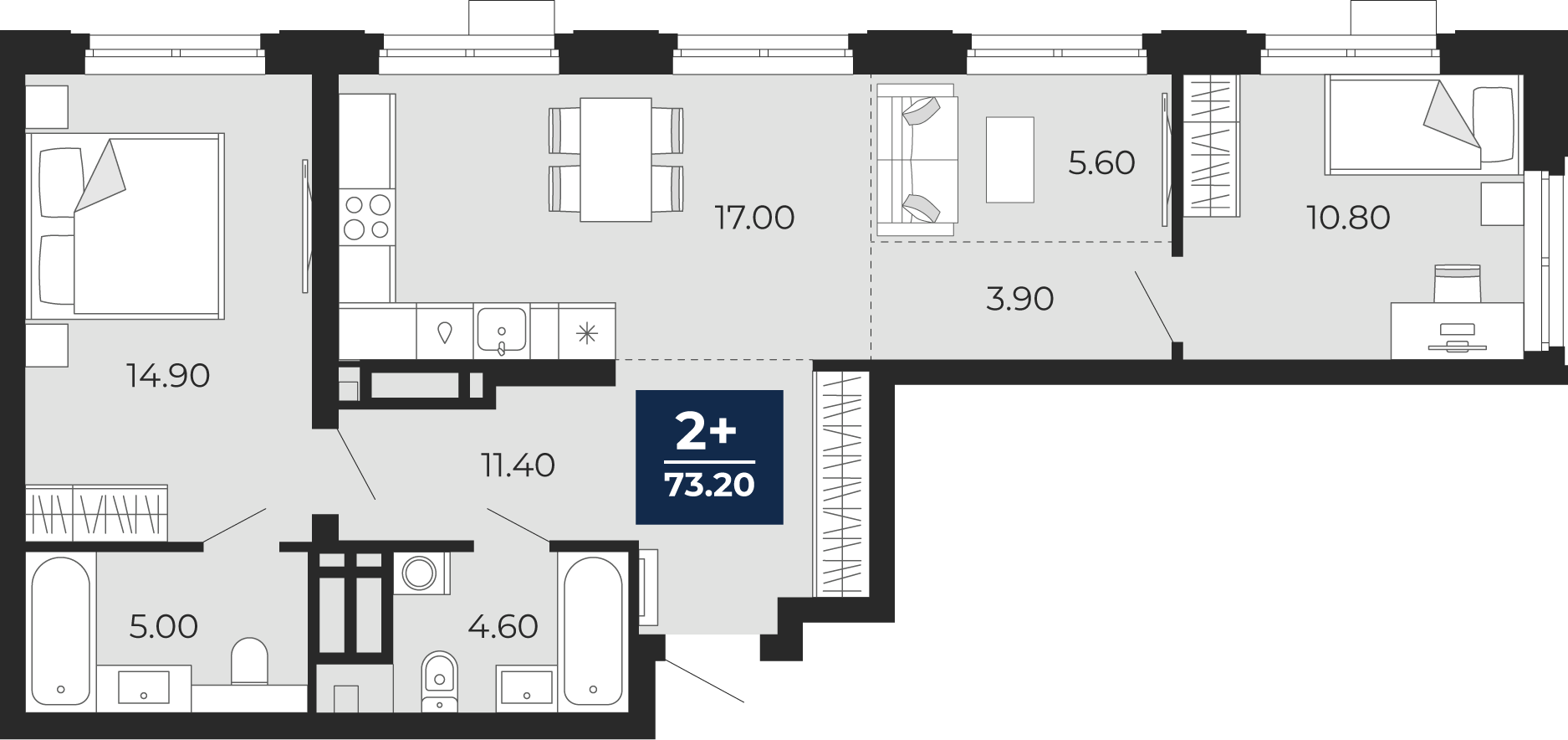 Планировка: Евротрешка 73.2 м² в ЖК Айвазовский, 5-й Заречный
