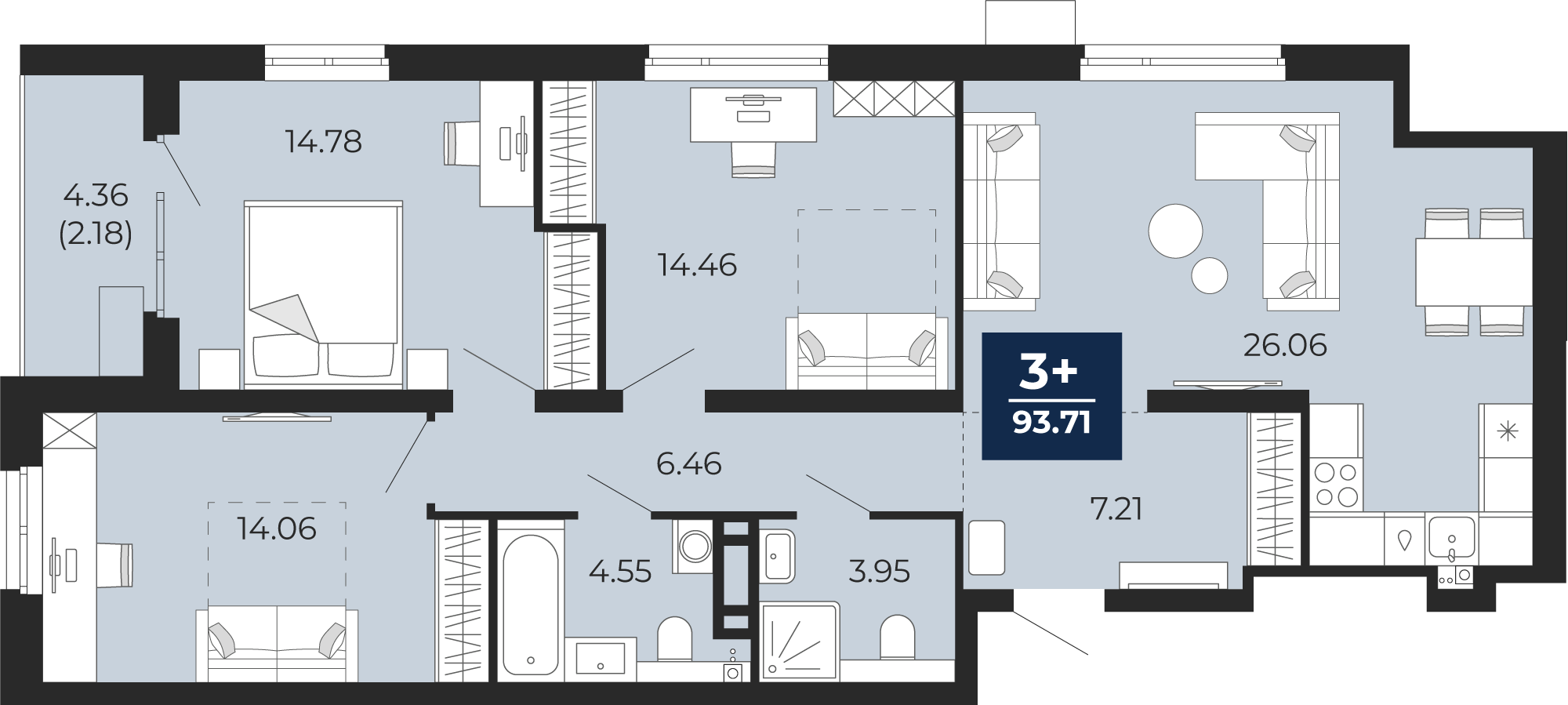 Планировка: 4-комнатная евро 95.9 м² в ЖК Прео, Тюменская слобода