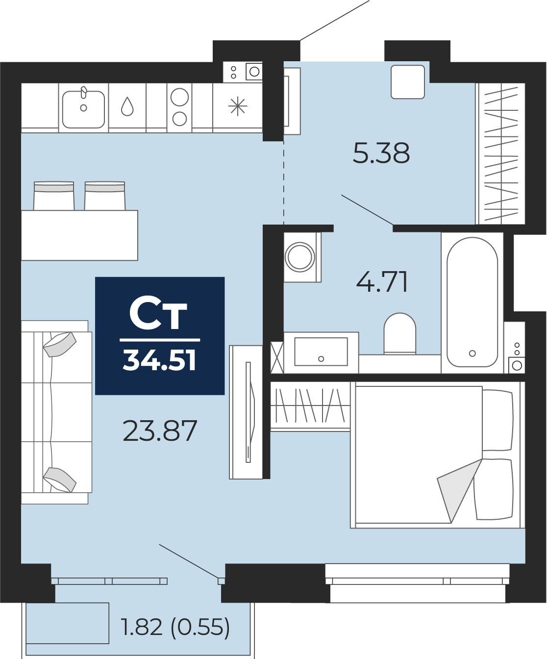 Планировка: Студия 35.8 м² в ЖК Прео, Тюменская слобода