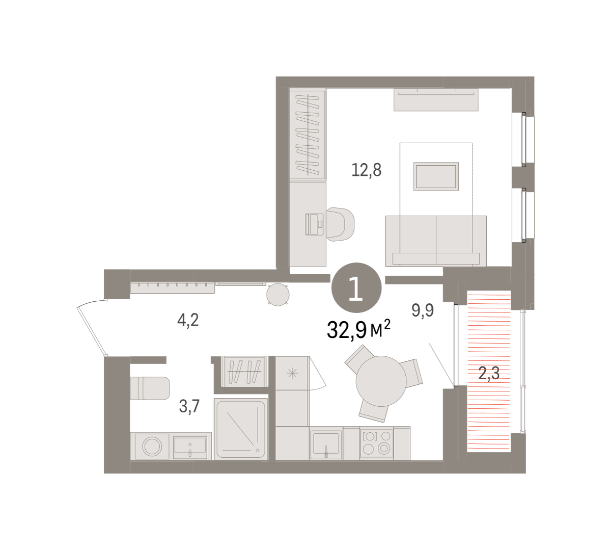 Планировка: 1-комнатная 32.7 м² в ЖК Зарека, Заречный