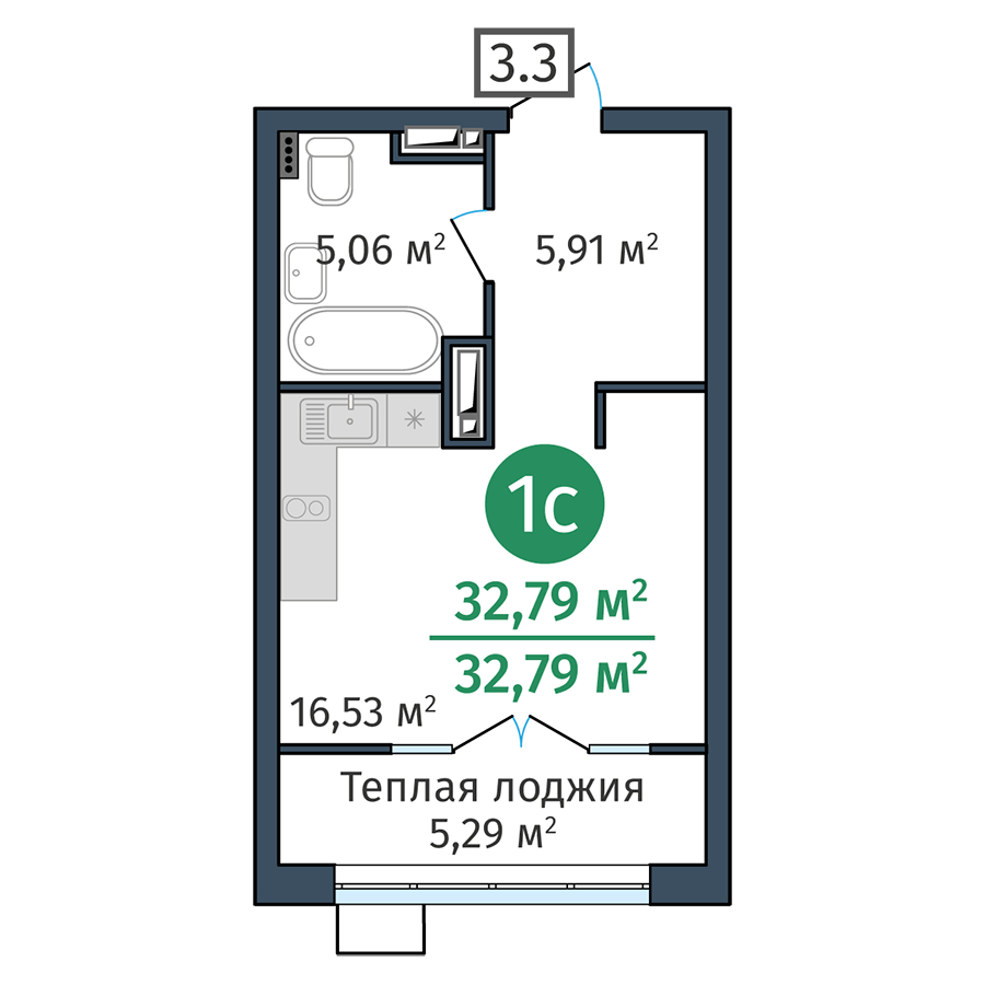 Планировка: Студия 32.8 м² в ЖК DOK, ДОК