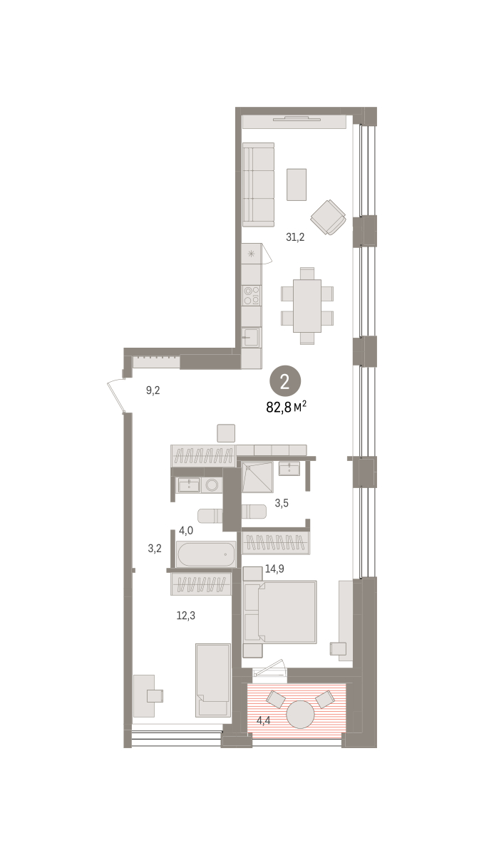 Планировка: Евротрешка 82.8 м² в ЖК Дом у озера, Европейский