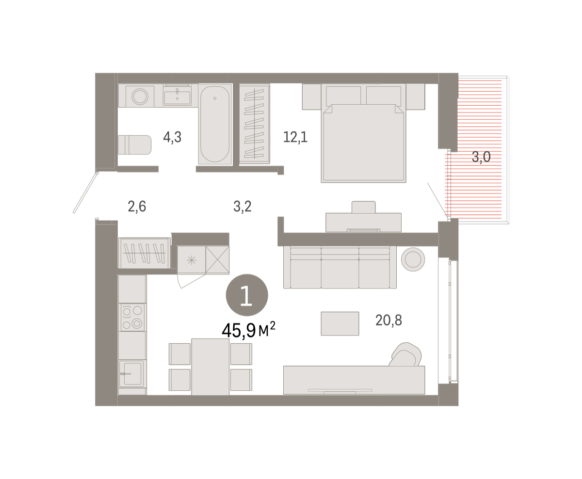 Планировка: 1-комнатная 45.9 м² в ЖК Республики 205, Центр: КПД