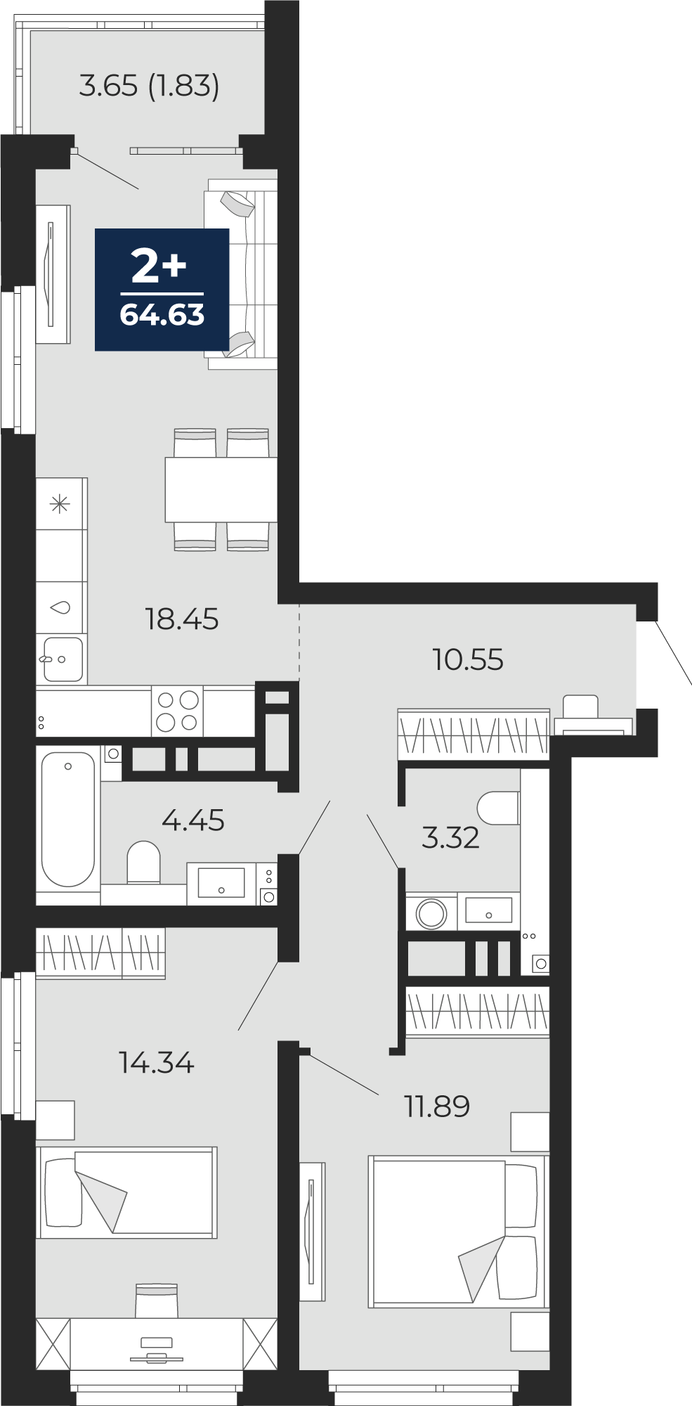 Планировка: Евротрешка 66.2 м² в ЖК Прео, Тюменская слобода